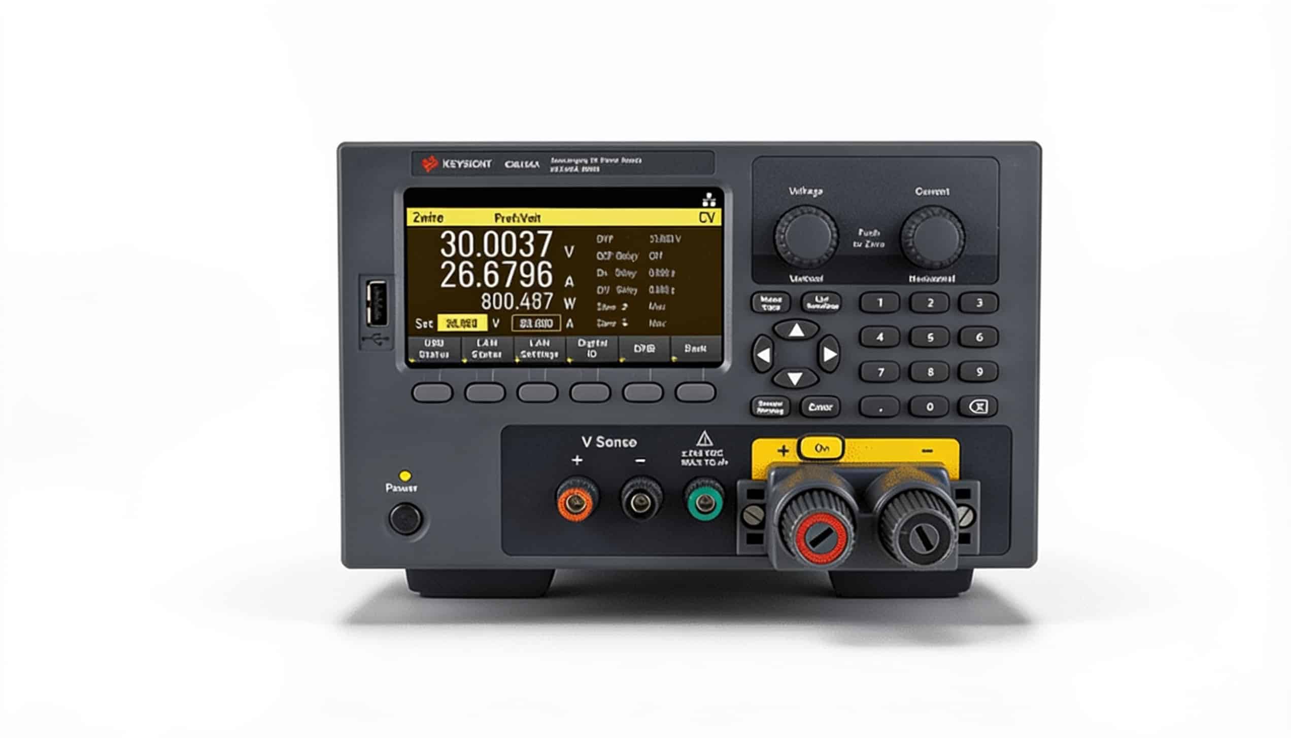 Bộ nguồn DC Keysight E36154A 800W chính diện với binding post tháo rời trên nền trắng studio