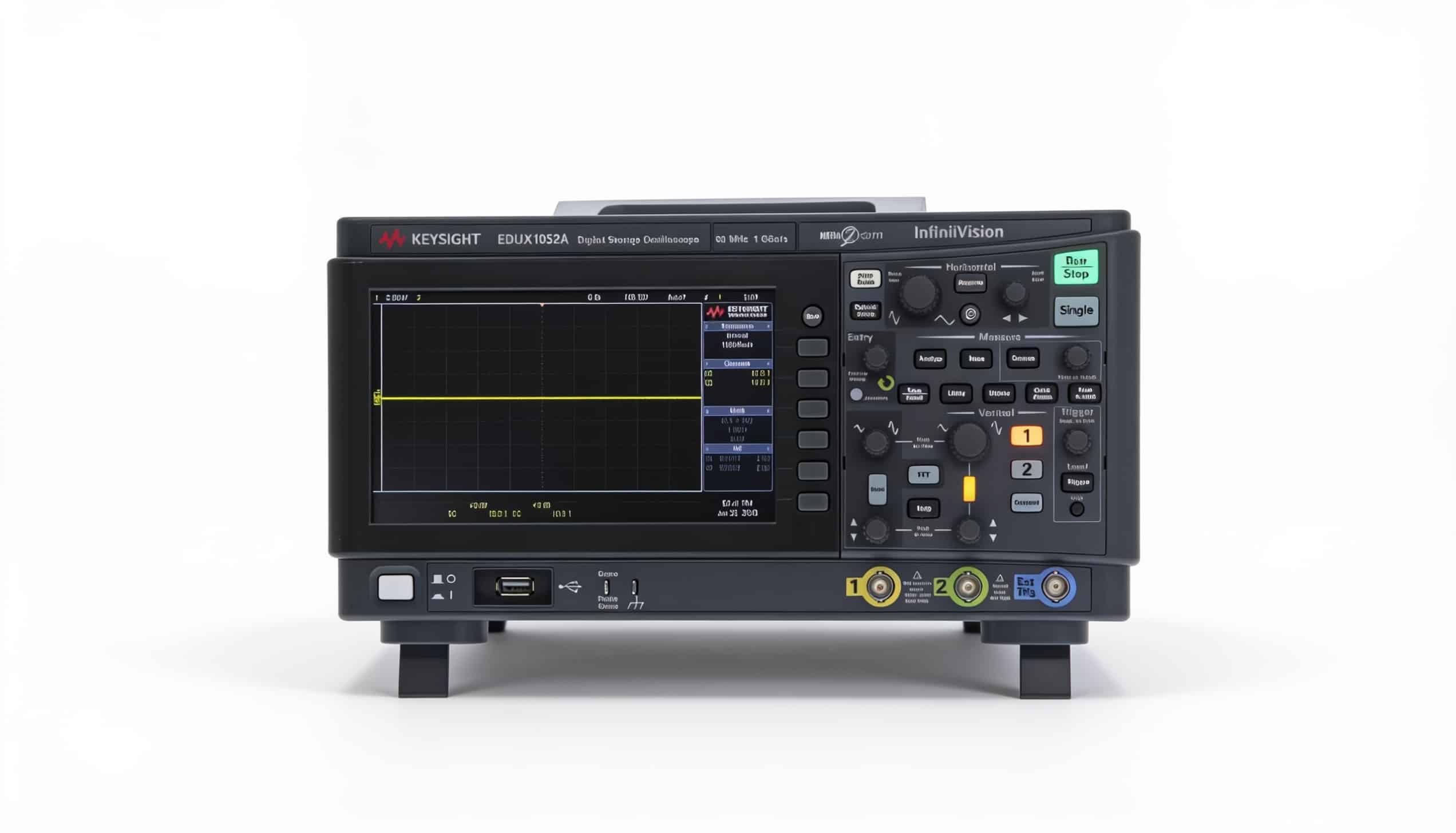 Máy hiện sóng Keysight EDUX1052G 50 MHz màn hình 7 inch chính diện trên nền trắng studio