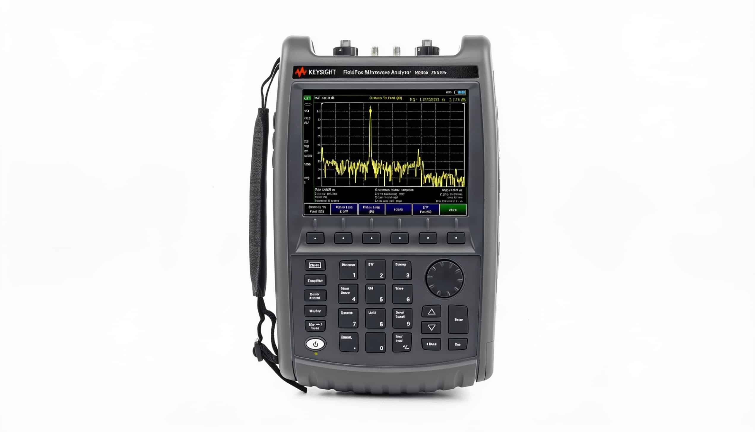 Máy phân tích phổ cầm tay Keysight N9918A FieldFox chính diện màn hình trên nền trắng studio