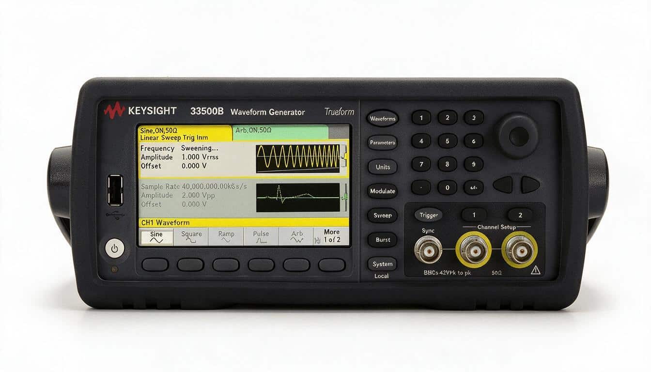 Máy phát tín hiệu Keysight dòng Trueform 33500B màn hình chính diện trên nền trắng studio