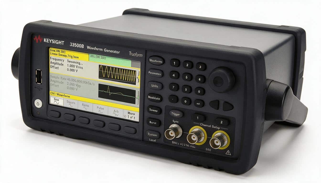 Máy phát tín hiệu Keysight dòng Trueform 33500B góc nghiêng phải trên nền trắng studio