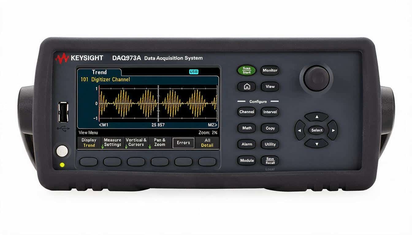 Hệ thống thu thập dữ liệu Keysight DAQ973A ba khe module DMM 6½ chữ số chính diện trên nền trắng studio