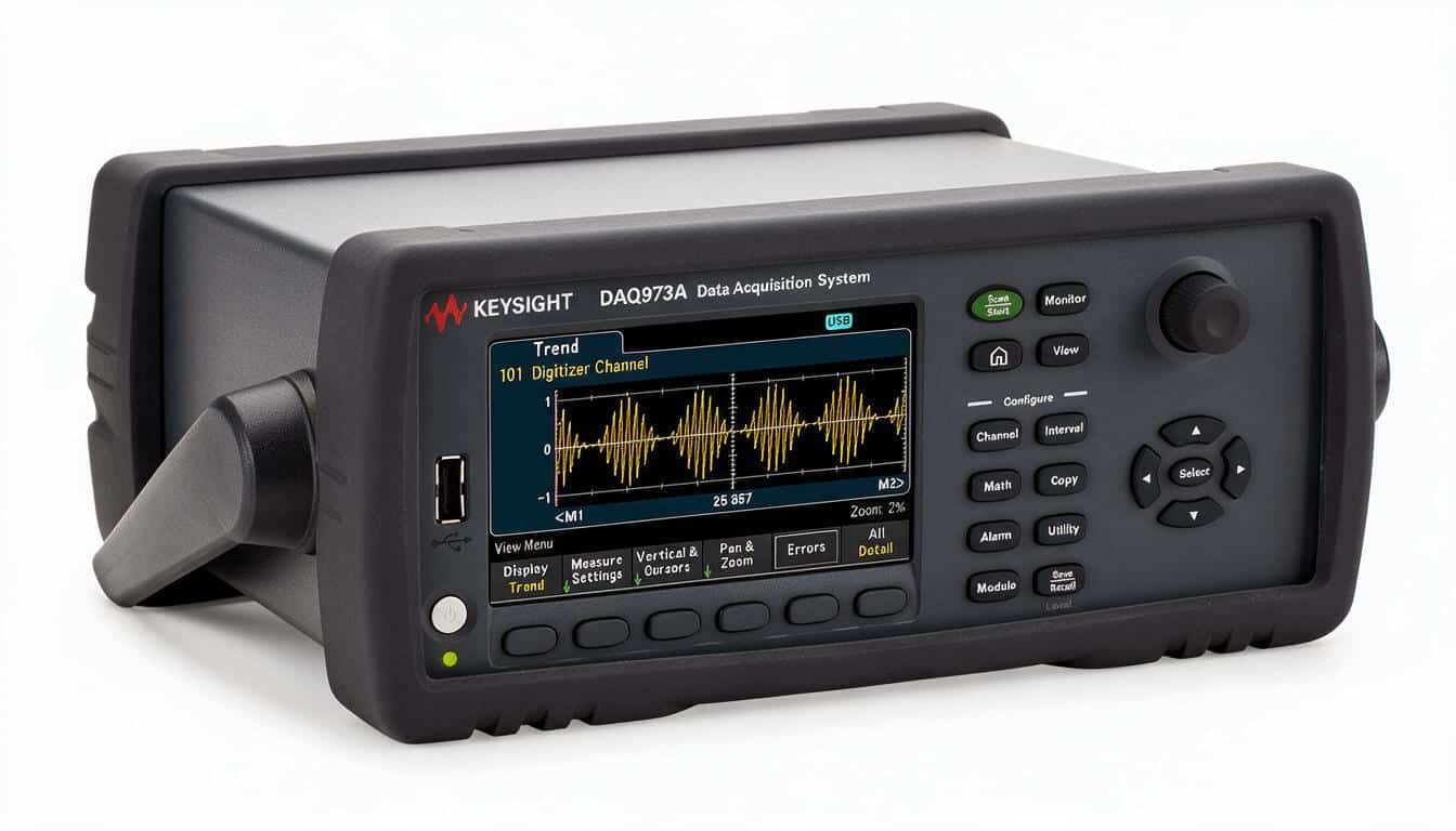 Hệ thống thu thập dữ liệu Keysight DAQ973A góc nghiêng phải trên nền trắng studio