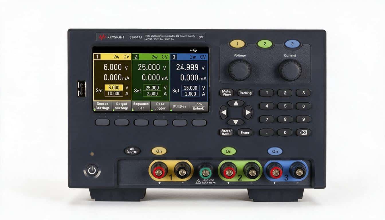 Bộ nguồn DC Keysight E36313A 3 ngõ ra 160W màn hình màu chính diện trên nền trắng studio