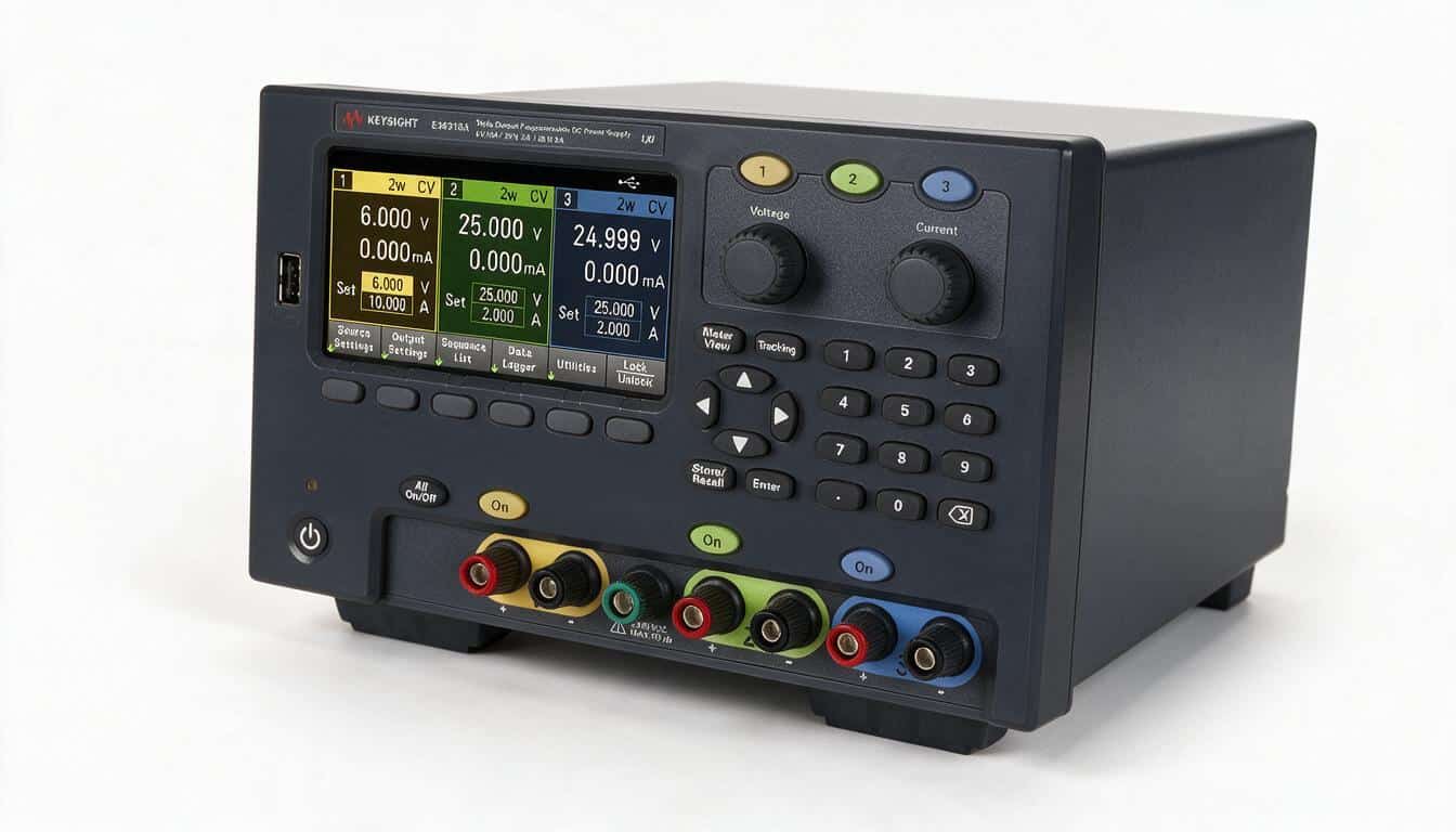 Bộ nguồn DC 3 ngõ ra Keysight E36313A góc nghiêng phải trên nền trắng studio