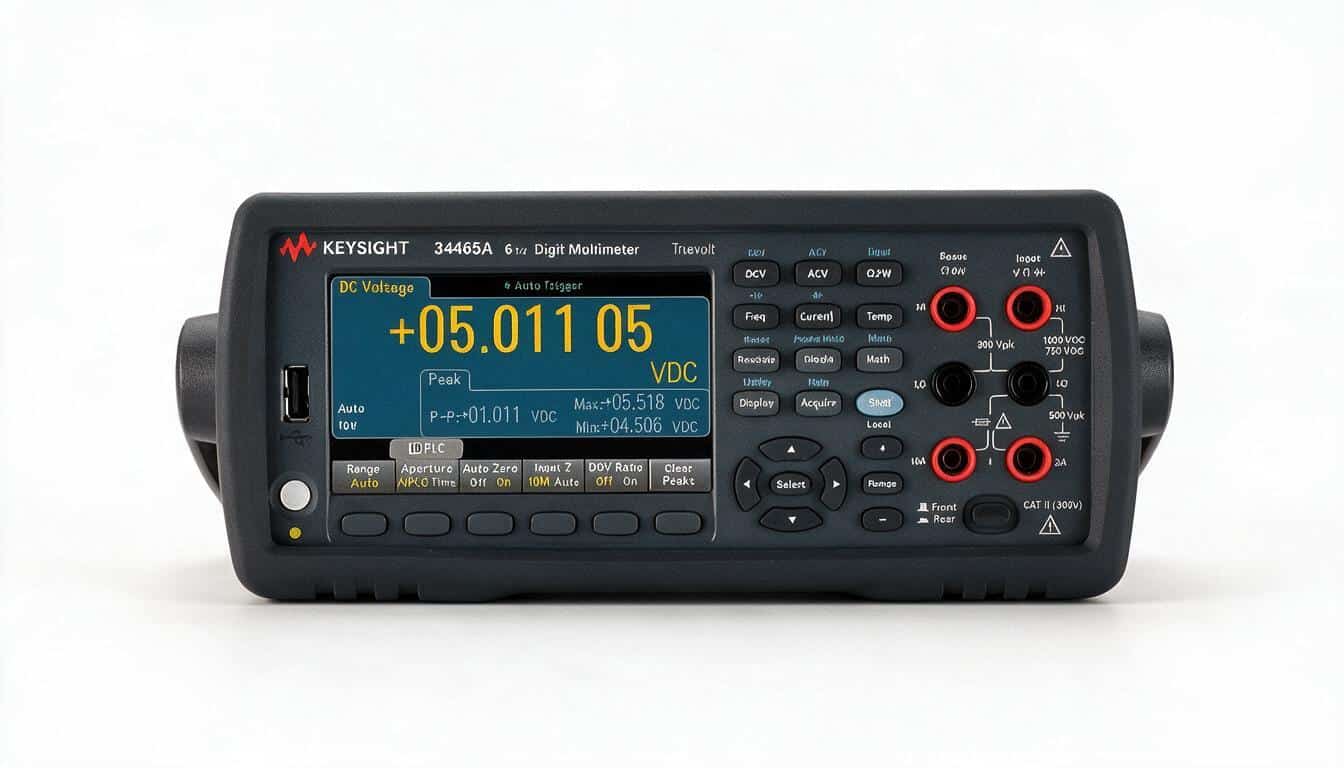 Đồng hồ vạn năng để bàn Keysight 34465A 6½ chữ số màn hình màu chính diện trên nền trắng studio