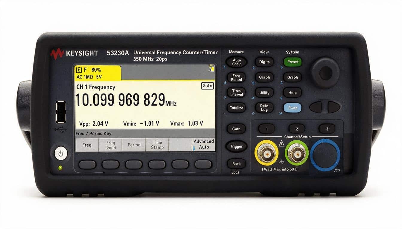 Máy đếm tần số Keysight 53230A 350 MHz 2 kênh màn hình chính diện trên nền trắng studio