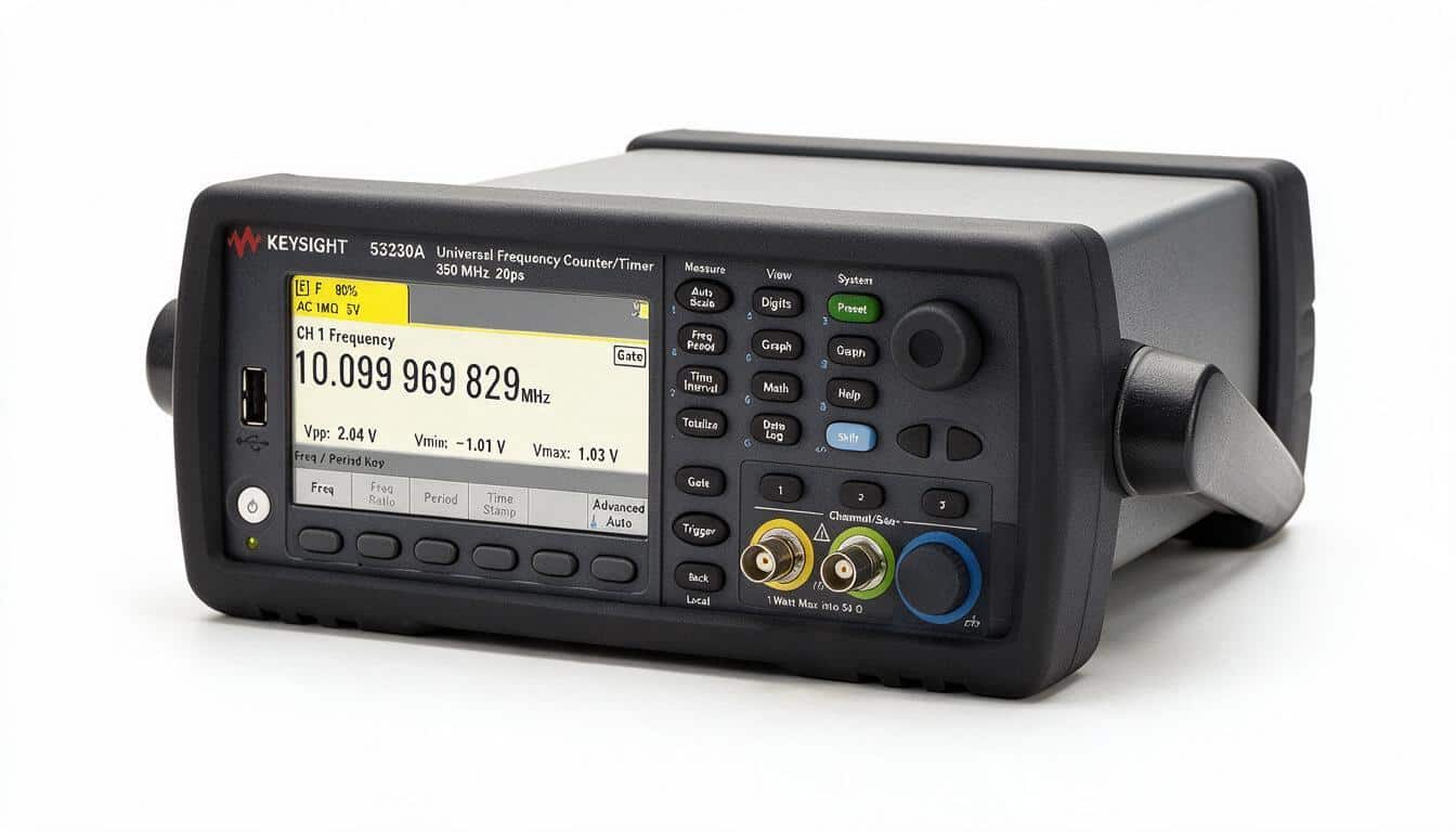 Máy đếm tần số Keysight 53230A góc nghiêng phải trên nền trắng studio