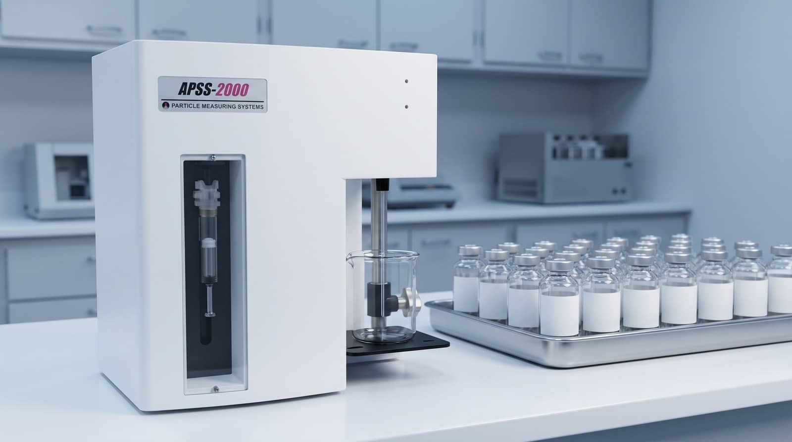 PMS APSS-2000 trên bàn kiểm nghiệm QC cùng khay lọ thuốc tiêm thuỷ tinh