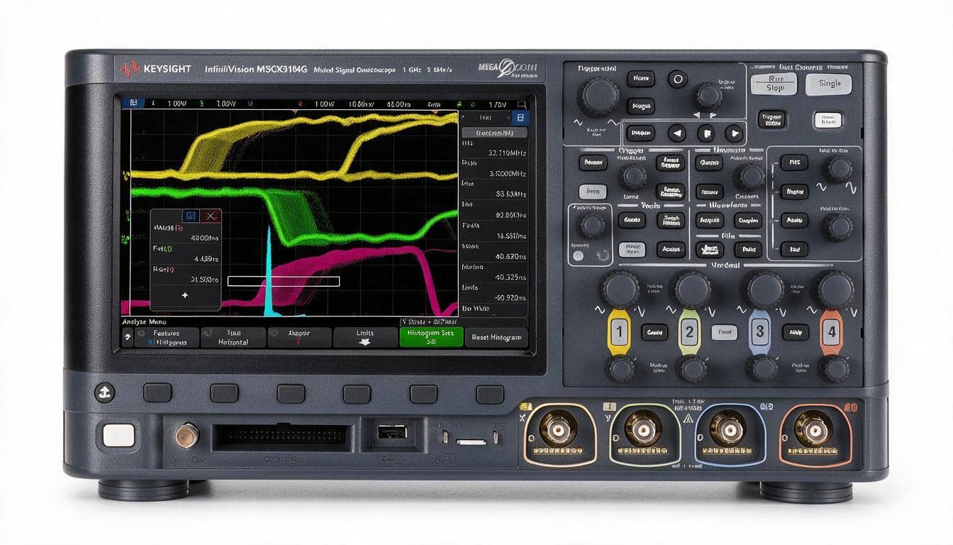 Máy hiện sóng Keysight DSOX3054G 4 kênh 500 MHz màn hình cảm ứng 8,5 inch chính diện trên nền trắng studio