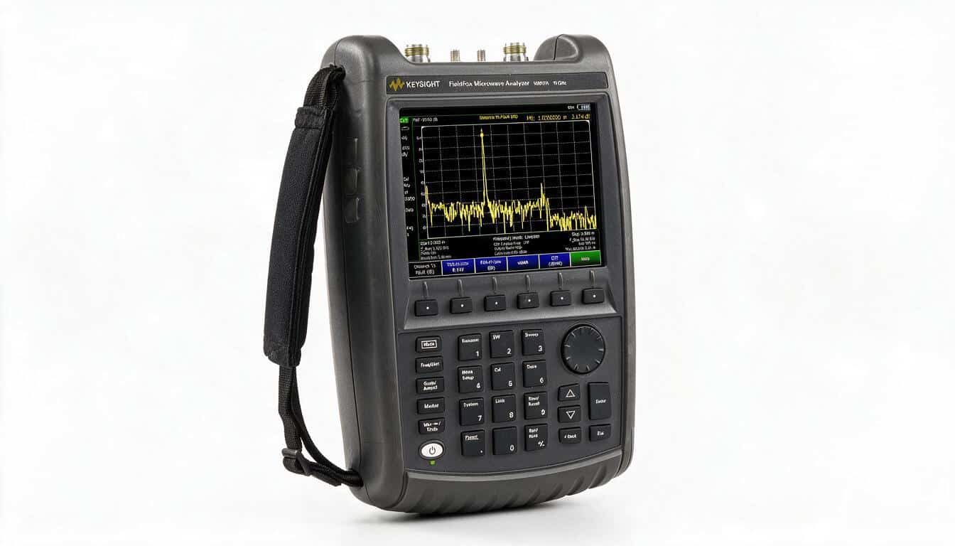 Máy phân tích phổ cầm tay Keysight N9917A FieldFox góc nghiêng phải trên nền trắng studio