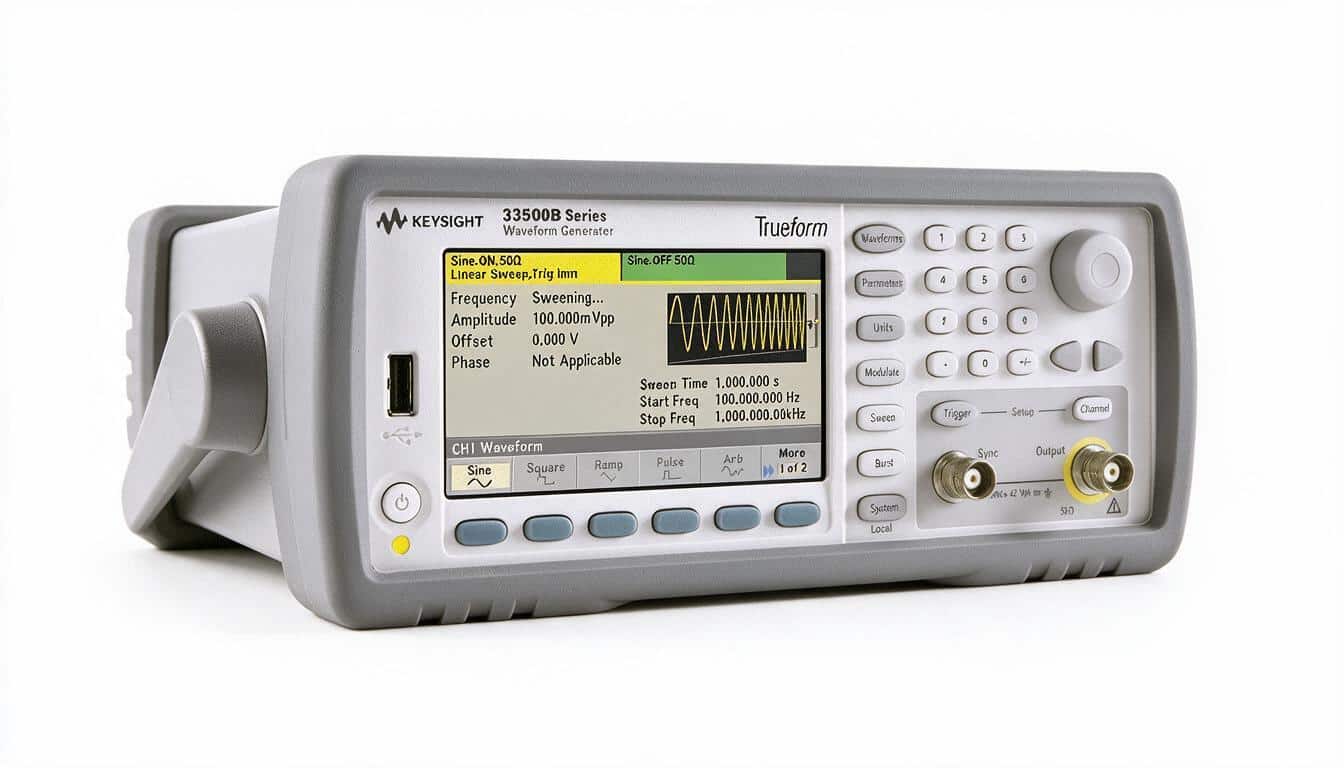 Máy phát sóng hàm Keysight 33521B góc nghiêng phải trên nền trắng studio