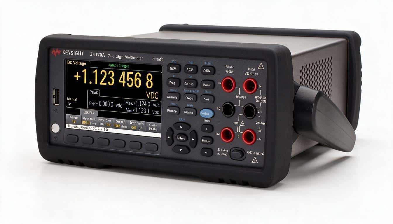 Đồng hồ vạn năng Keysight 34470A góc nghiêng phải trên nền trắng studio