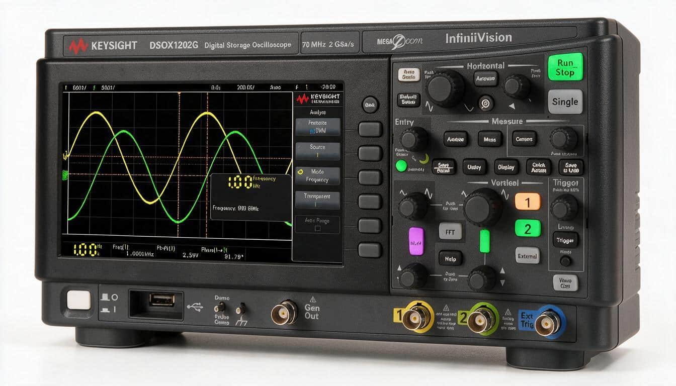 Máy hiện sóng Keysight DSOX1202G góc nghiêng phải trên nền trắng studio