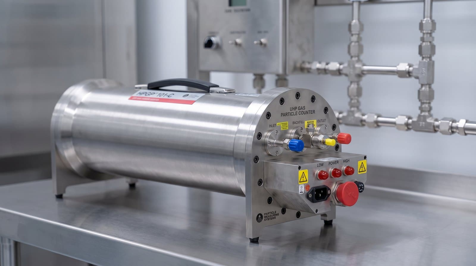 Máy đếm hạt khí siêu tinh khiết PMS HPGP 101-C lắp trên bàn thép không gỉ trong phòng phân phối khí của fab bán dẫn