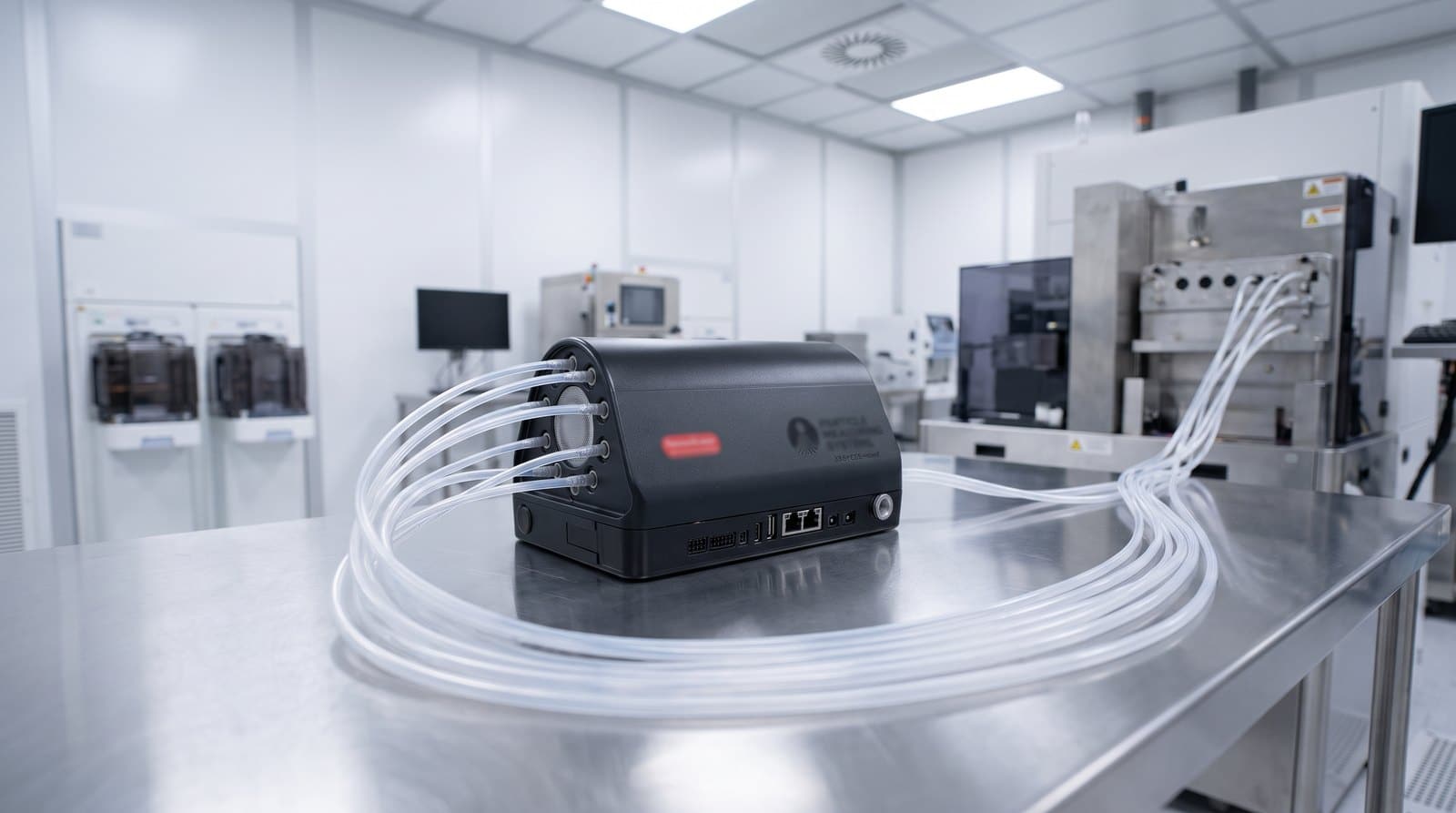 Bộ đa tạp thông minh PMS ParticleSeeker đặt trên bàn thép không gỉ trong phòng sạch bán dẫn với các ống lấy mẫu nối ra thiết bị