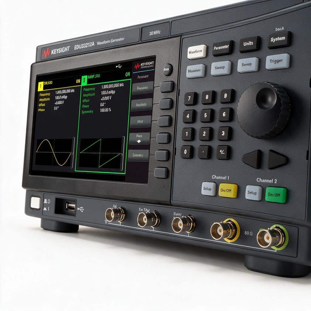 Máy phát sóng hàm Keysight EDU33212A góc nghiêng trên nền trắng studio
