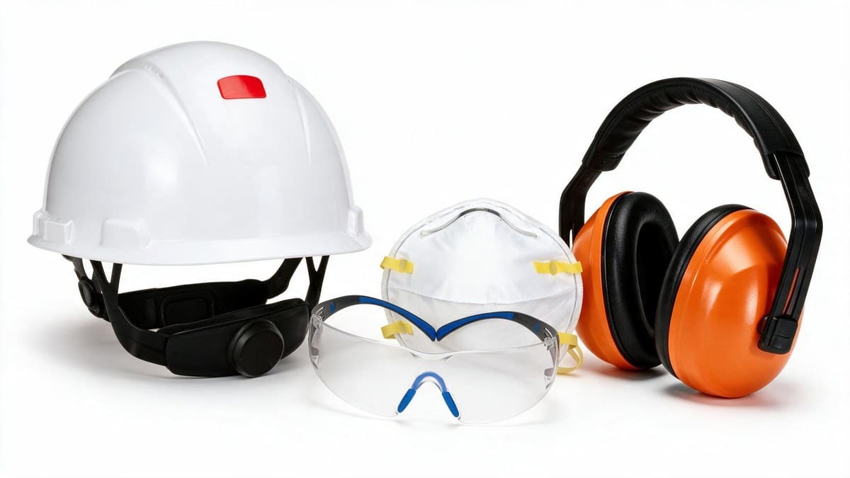 Bộ bảo hộ lao động 3M đầy đủ: mũ, kính, khẩu trang N95 và chụp tai chống ồn