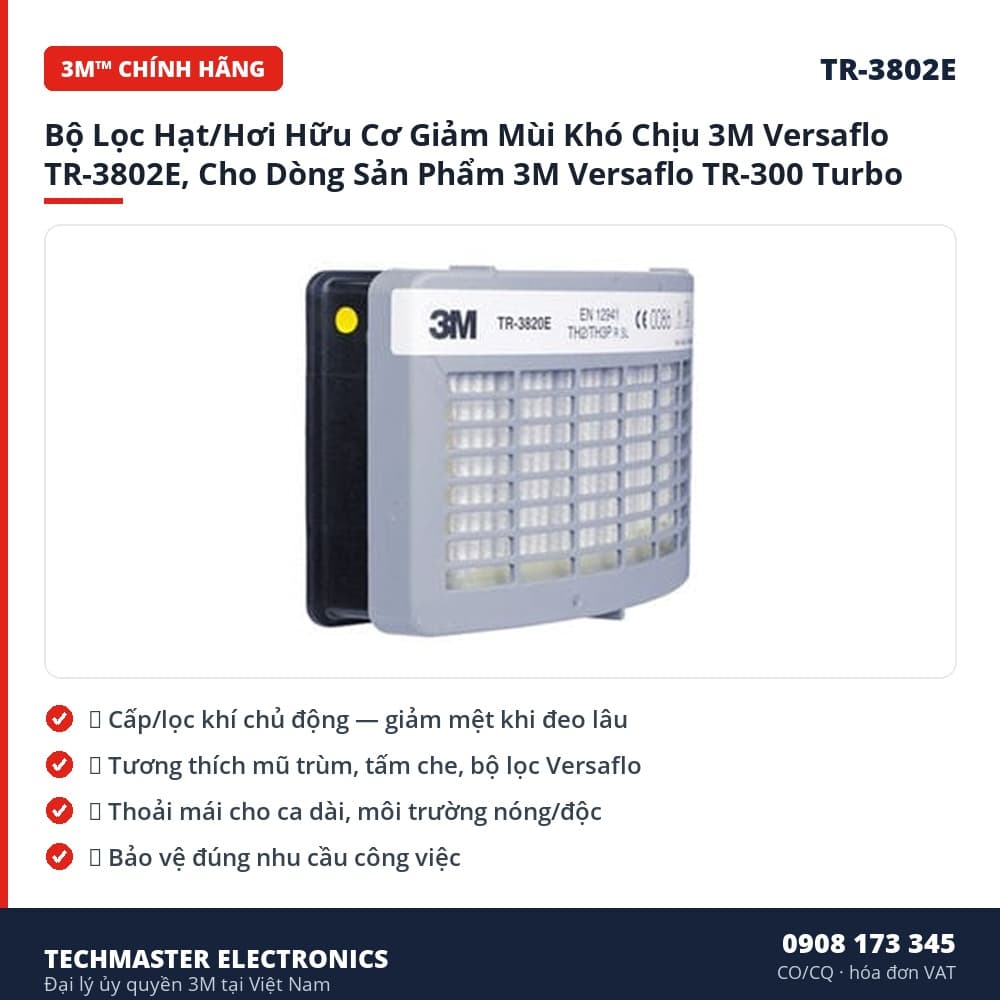 Bộ Lọc Hạt/Hơi Hữu Cơ Giảm Mùi Khó Chịu 3M Versaflo TR-3802E, Cho – đặc điểm & thông số chính