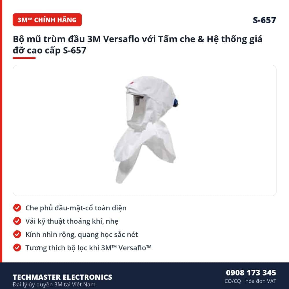 Bộ mũ trùm đầu 3M Versaflo với Tấm che & Hệ thống giá đỡ cao cấp S-657 – đặc điểm & thông số chính