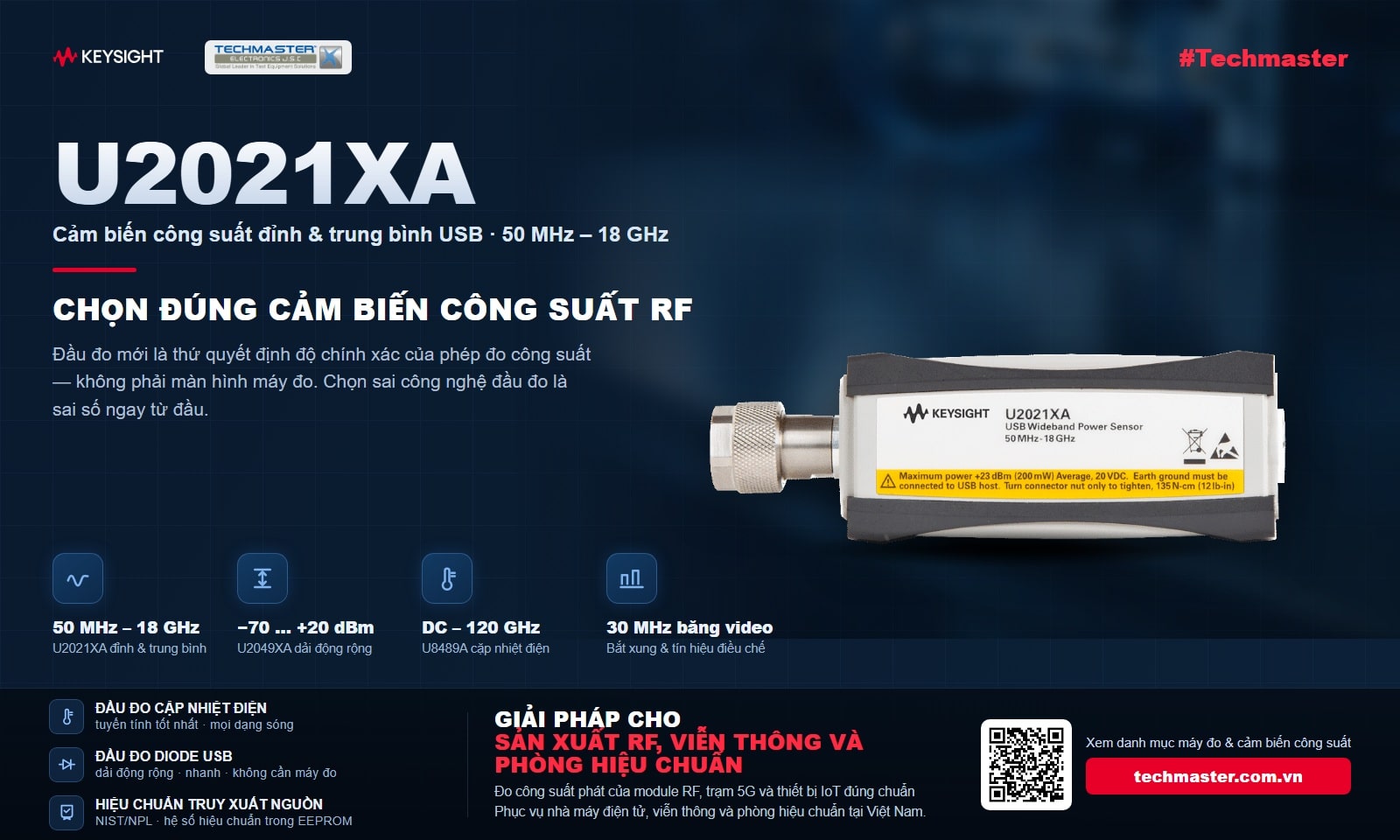 Cảm biến công suất RF Keysight U2021XA đo công suất đỉnh và trung bình từ 50 MHz đến 18 GHz