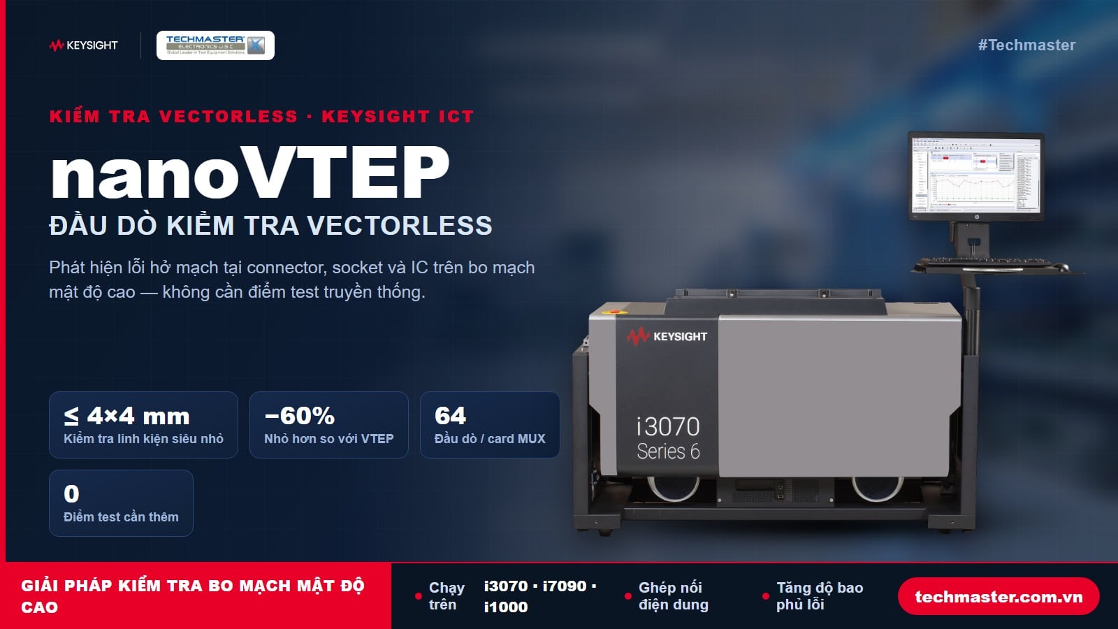 Đầu dò vectorless nanoVTEP Keysight kiểm tra bo mạch mật độ cao trên hệ thống ICT i3070