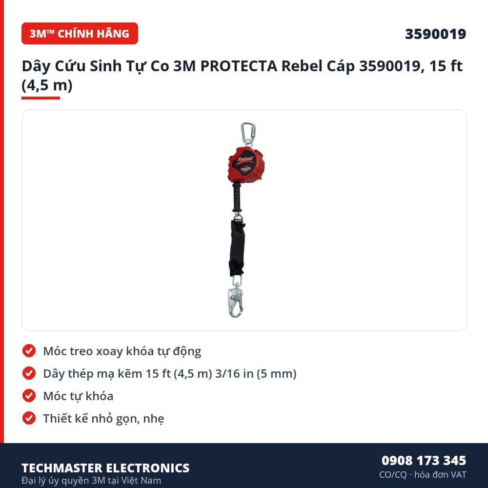 Dây Cứu Sinh Tự Co 3M PROTECTA Rebel Cáp 3590019, 15 ft (4,5 m) – đặc điểm & thông số chính