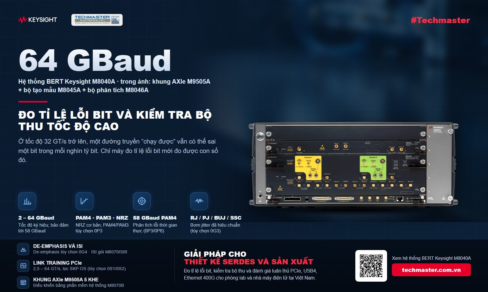 Ảnh bìa bài viết: hệ thống BERT Keysight M8040A — khung AXIe M9505A với bộ tạo mẫu M8045A và bộ phân tích lỗi M8046A — kèm bốn thông số chính và tiêu đề “Đo tỉ lệ lỗi bit và kiểm tra bộ thu tốc độ cao”