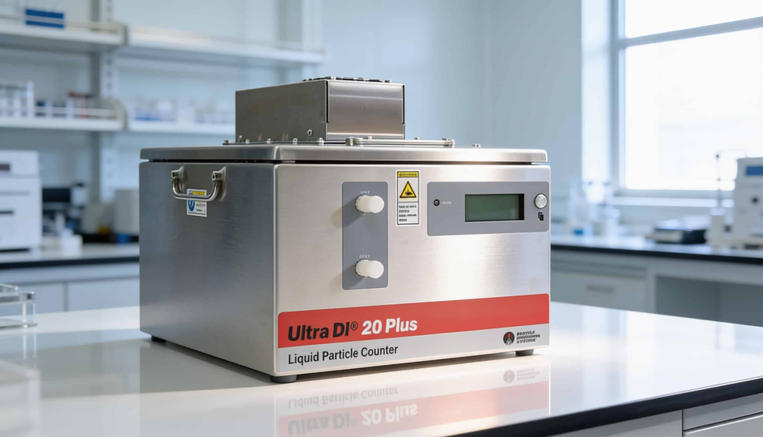Máy đếm hạt lỏng PMS Ultra DI 20 Plus trên bàn phòng lab bán dẫn sáng