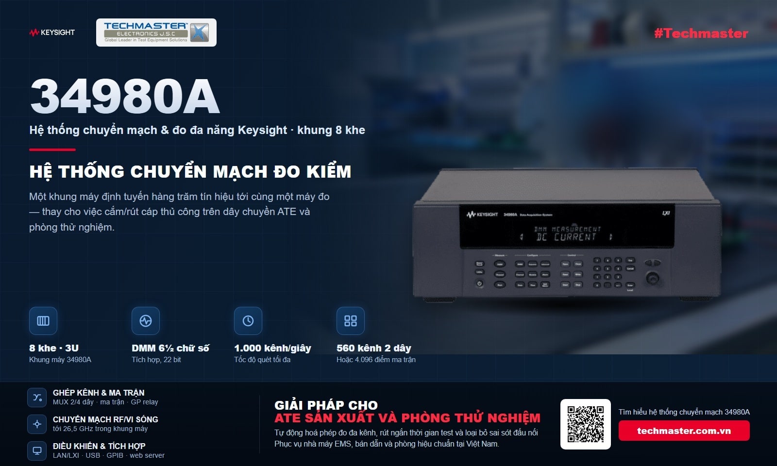 Hệ thống chuyển mạch đo kiểm Keysight 34980A khung 8 khe với DMM 6½ chữ số tích hợp