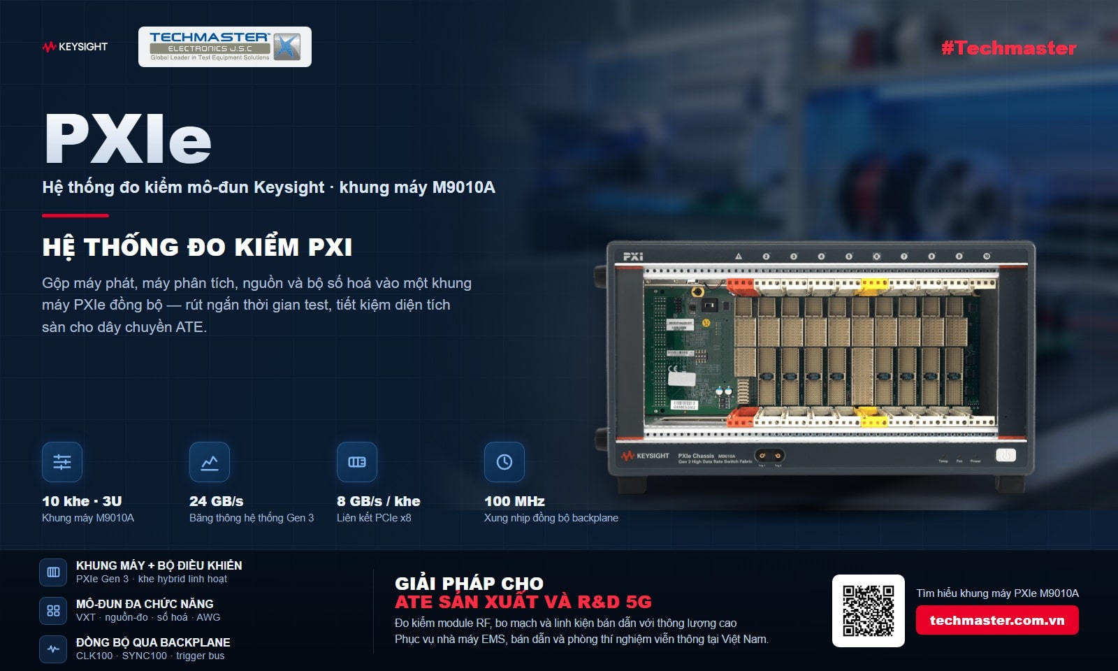 Hệ thống đo kiểm PXI Keysight với khung máy PXIe M9010A 10 khe, băng thông hệ thống 24 GB/s