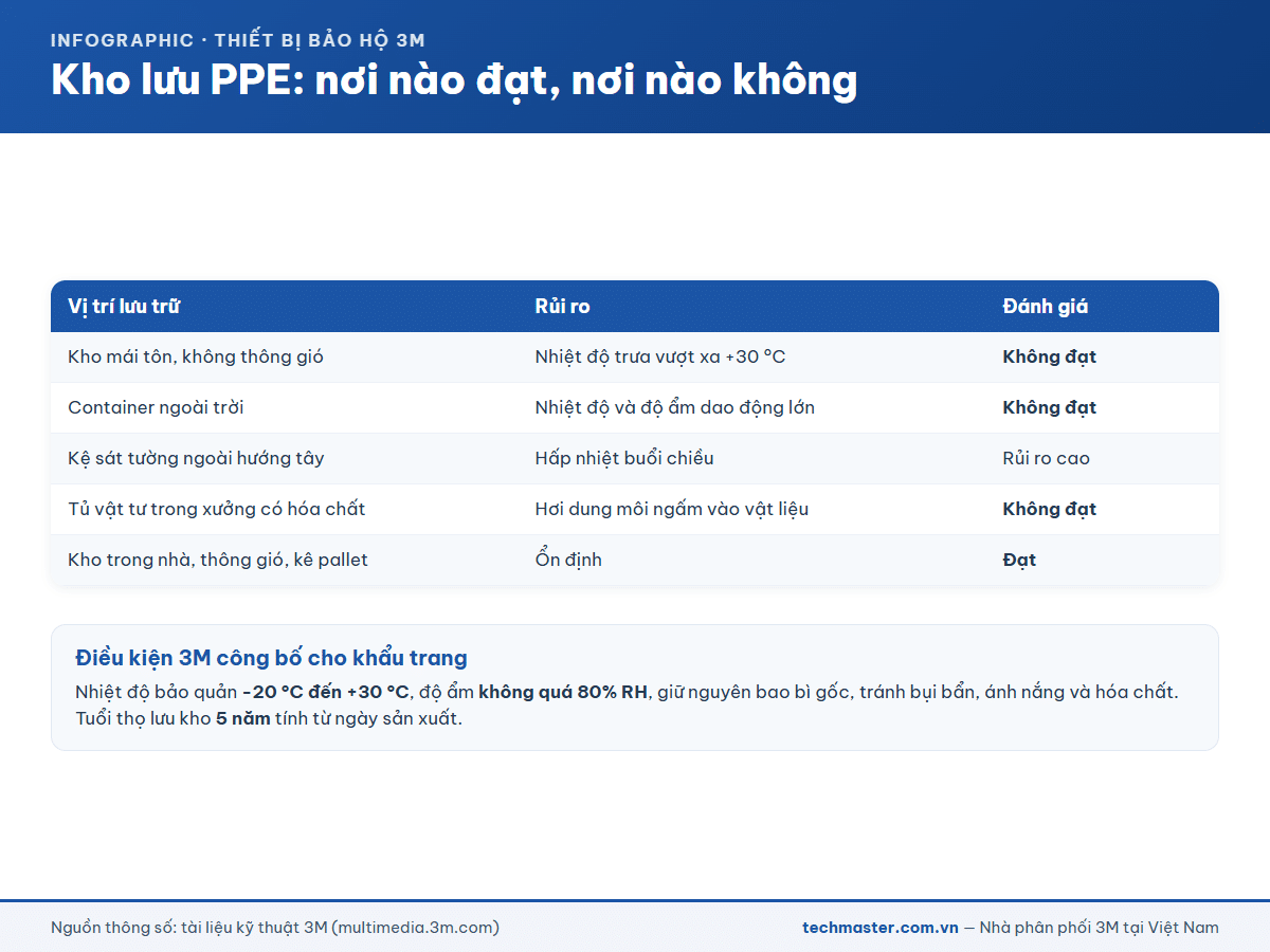 Điều kiện kho lưu trữ thiết bị bảo hộ 3M đạt và không đạt