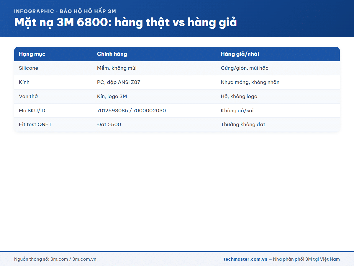 Infographic phân biệt mặt nạ 3M 6800 thật và giả