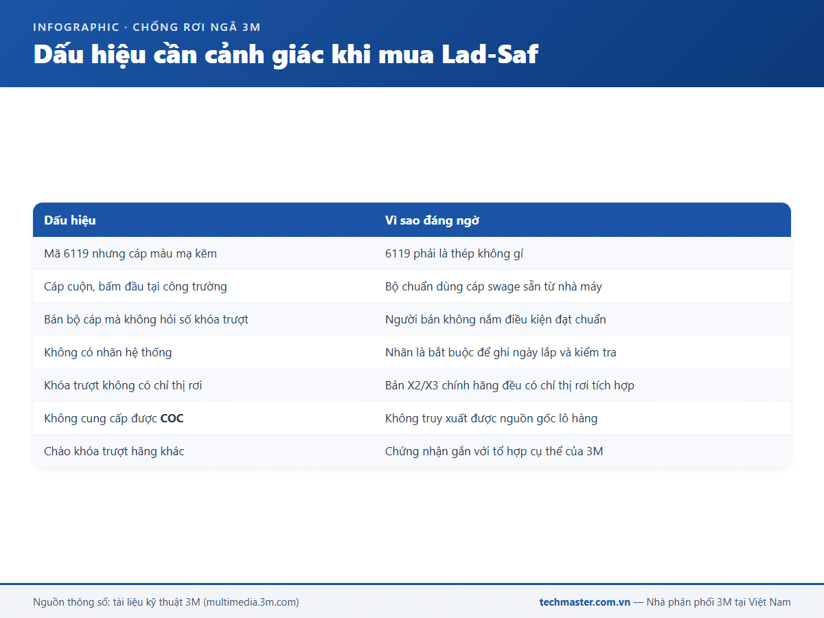 Infographic dấu hiệu cần cảnh giác khi mua hệ cứu sinh dọc Lad-Saf