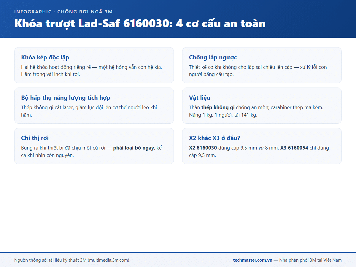 Infographic bốn cơ cấu an toàn của khóa trượt Lad-Saf 6160030