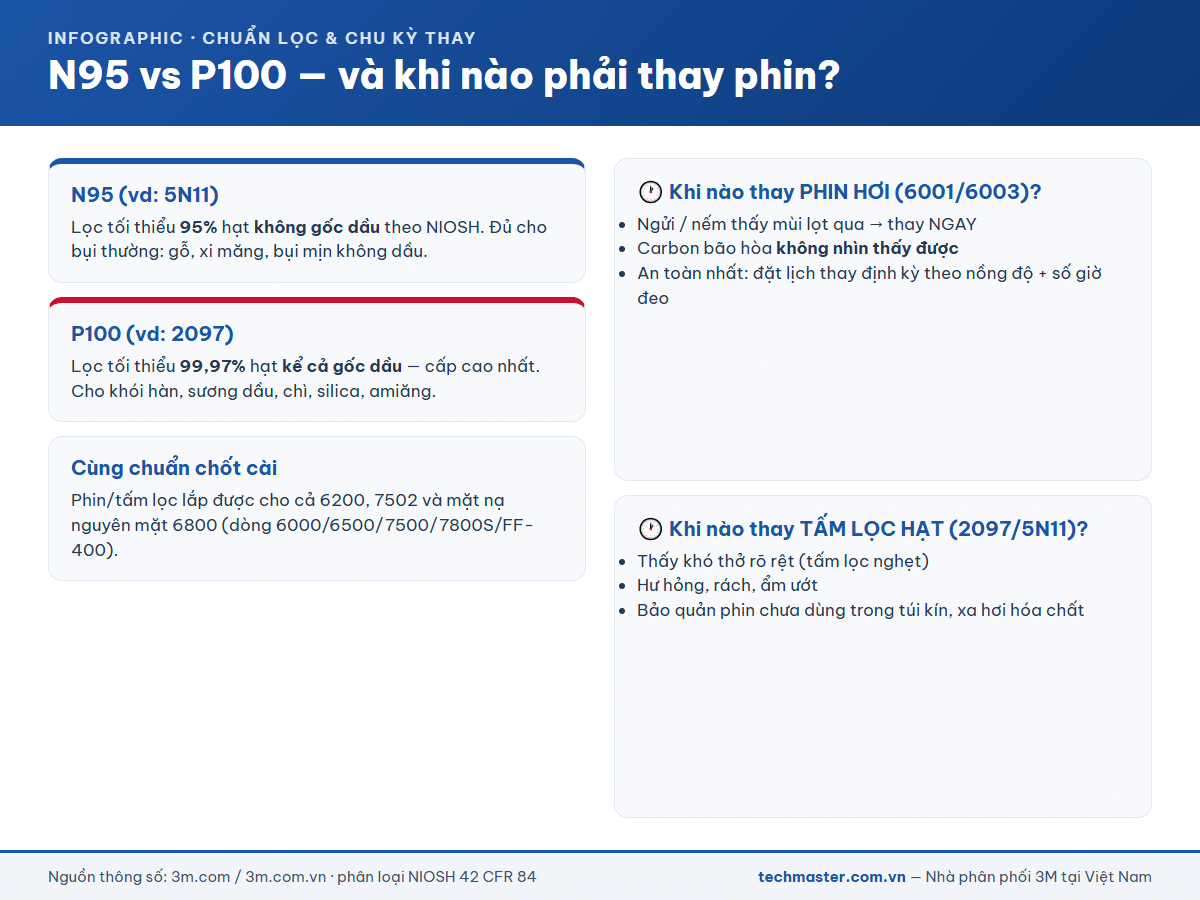 Infographic N95 vs P100 và chu kỳ thay phin lọc 3M