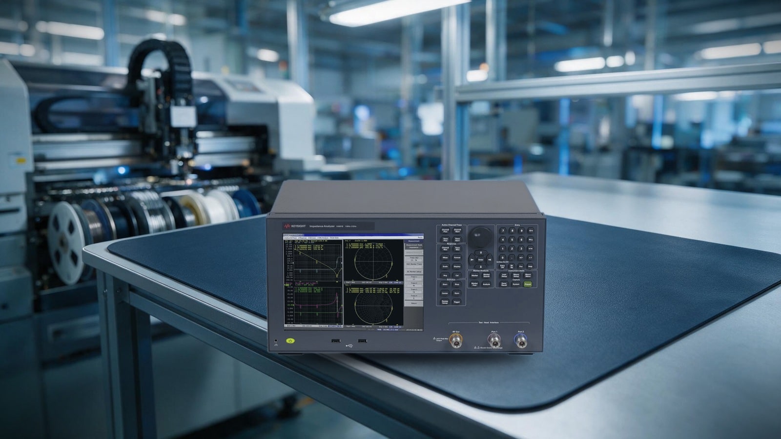 Keysight E4991B tại trạm kiểm tra chất lượng linh kiện RF trong nhà máy điện tử SMT