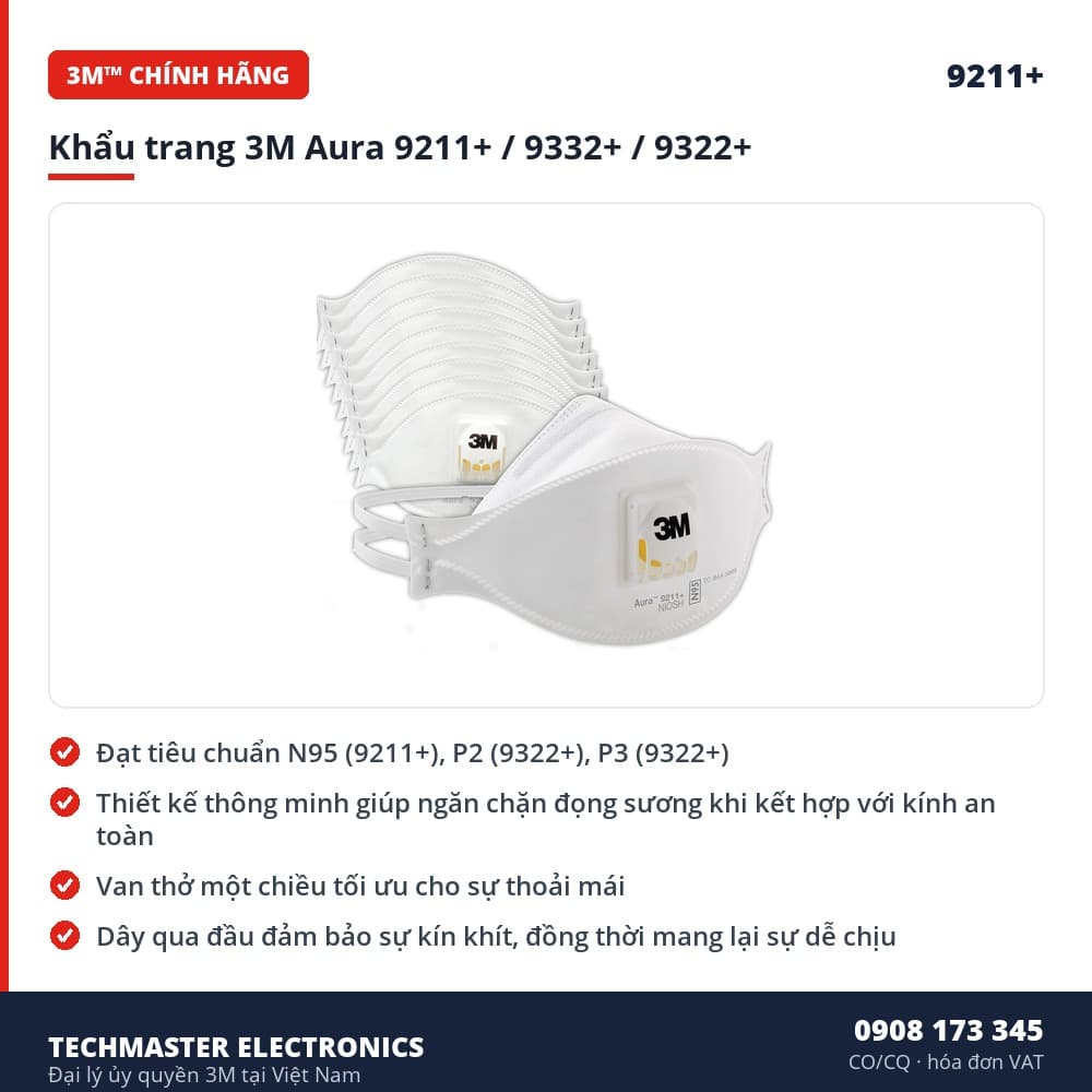 Khẩu trang 3M Aura 9211+ / 9332+ / 9322+ – đặc điểm & thông số chính