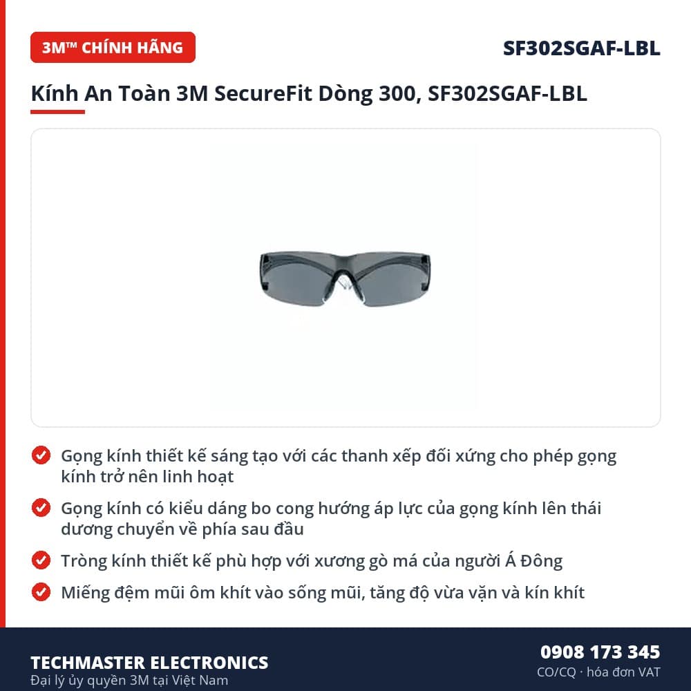 Kính An Toàn 3M SecureFit Dòng 300, SF302SGAF-LBL – đặc điểm & thông số chính