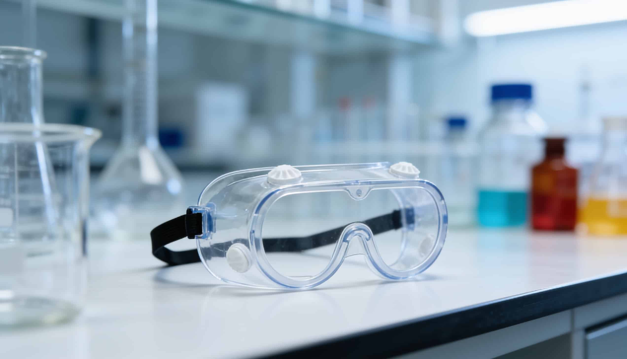 Kính chống hóa chất 3M 334 goggle kín trên bàn thí nghiệm phòng lab