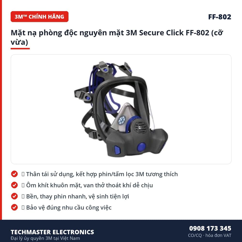 Mặt nạ phòng độc nguyên mặt 3M Secure Click FF-802 (cỡ vừa) – đặc điểm & thông số chính