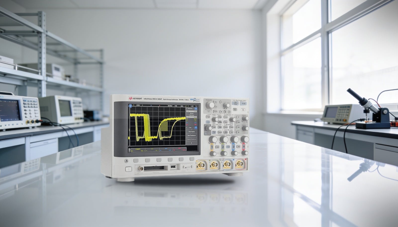 Máy hiện sóng InfiniiVision 4 kênh trên bàn lab R&D điện tử ánh sáng ban ngày