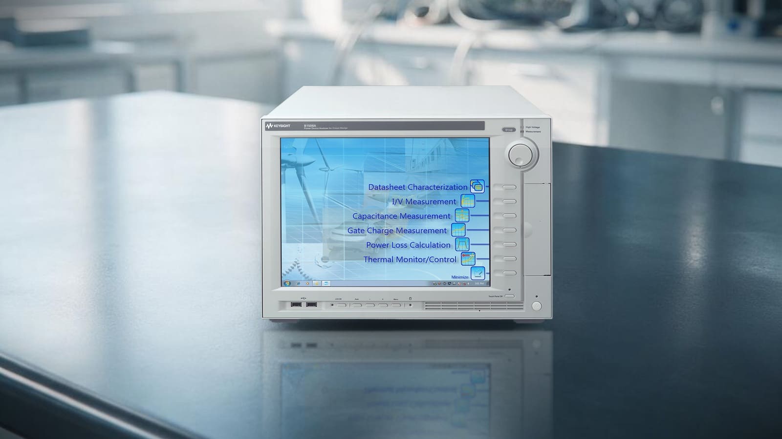 Máy phân tích linh kiện công suất Keysight B1506A trên bàn thí nghiệm R&D thiết kế nguồn