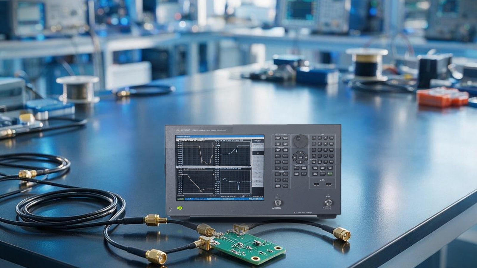 Máy phân tích mạng vector Keysight E5063A đo tham số S linh kiện RF trên bàn lab R&D