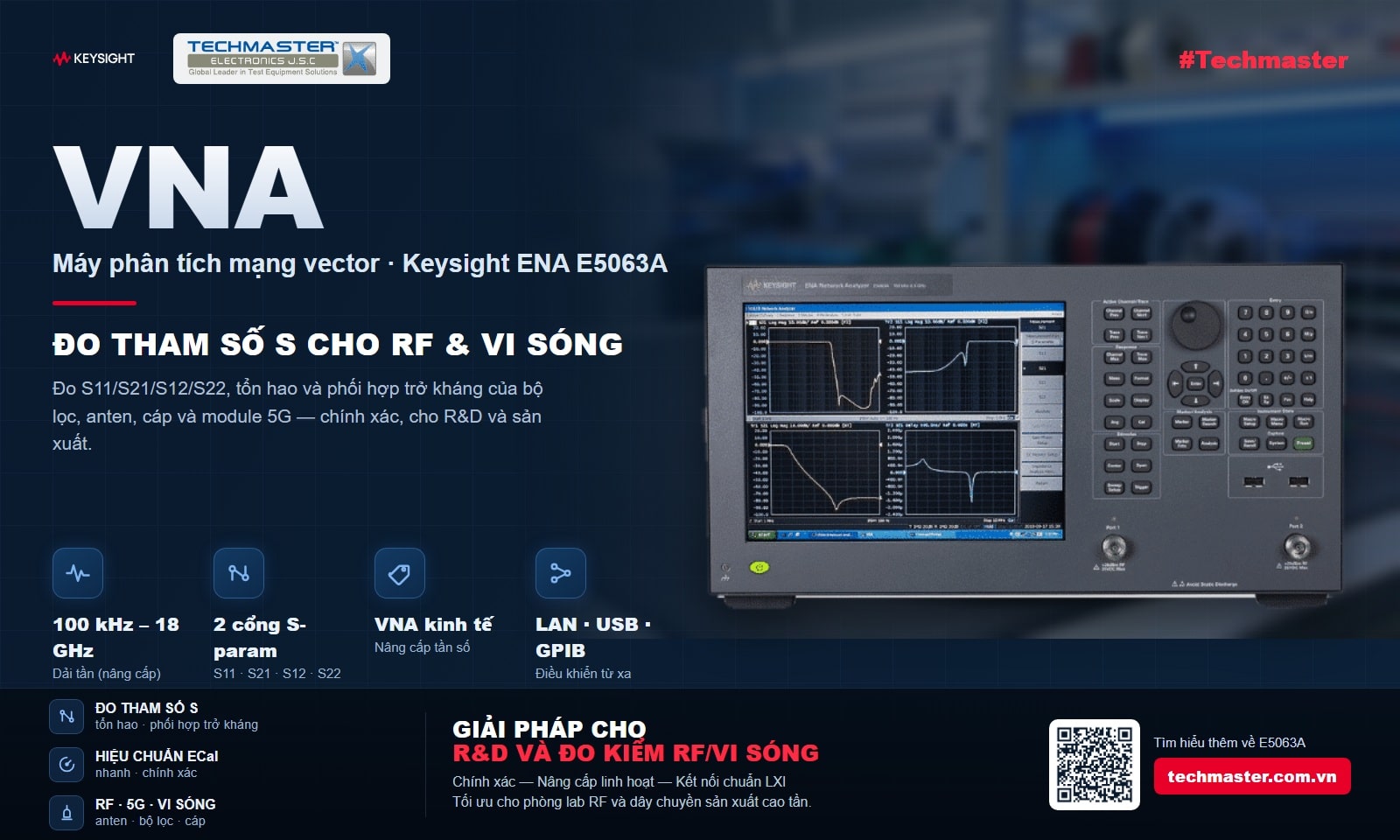 Máy phân tích mạng vector Keysight ENA E5063A đo tham số S cho RF và vi sóng