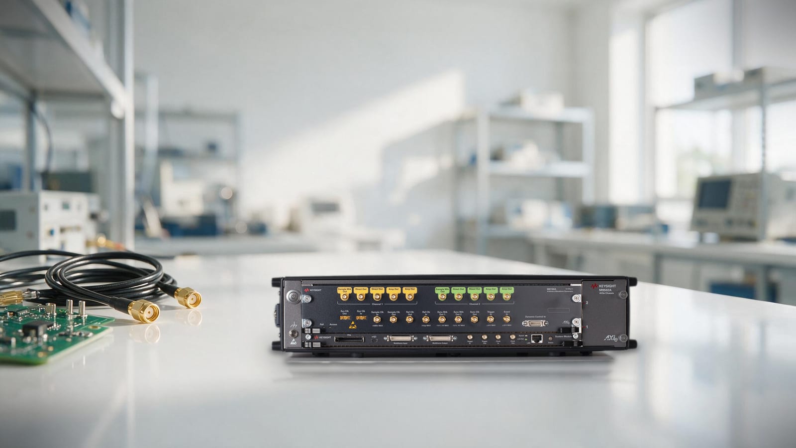 Máy phát sóng tùy ý Keysight M8190A đặt trên bàn thí nghiệm R&D cùng cáp đồng trục và bo mạch thử