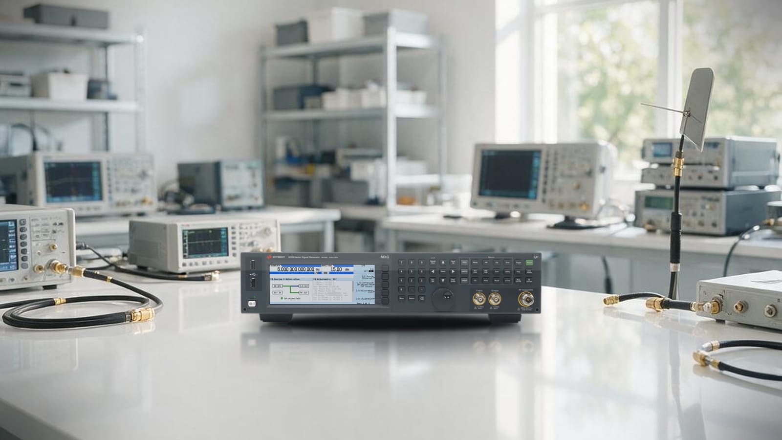 Máy phát tín hiệu vector Keysight N5182B trên bàn thí nghiệm RF trong phòng R&D