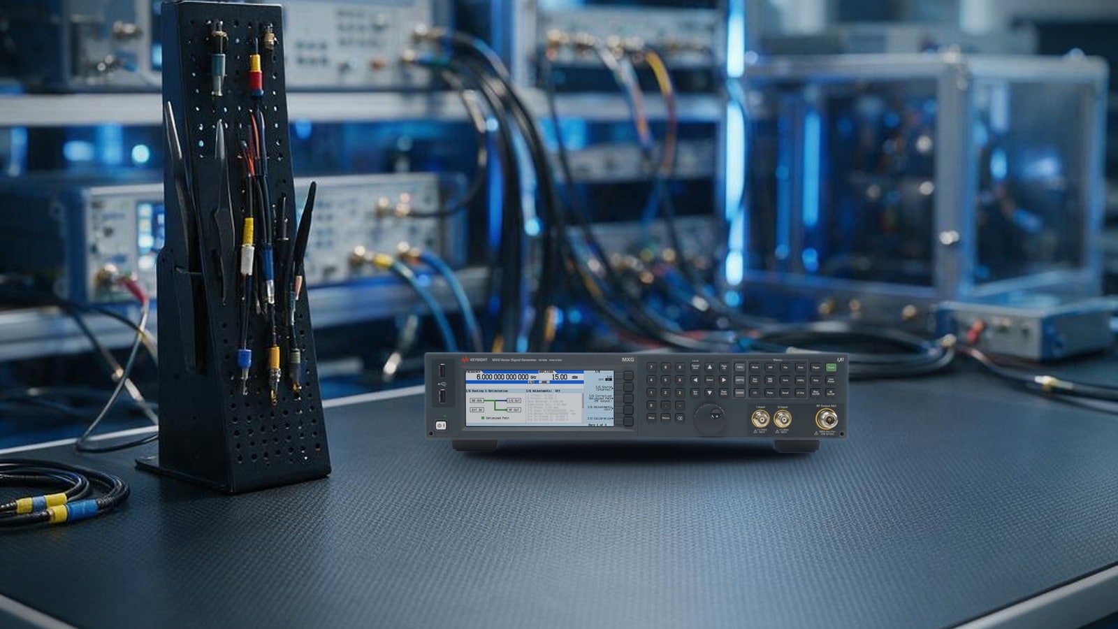 Máy phát tín hiệu Keysight N5182B trên bàn kiểm tra RF trong nhà máy sản xuất điện tử
