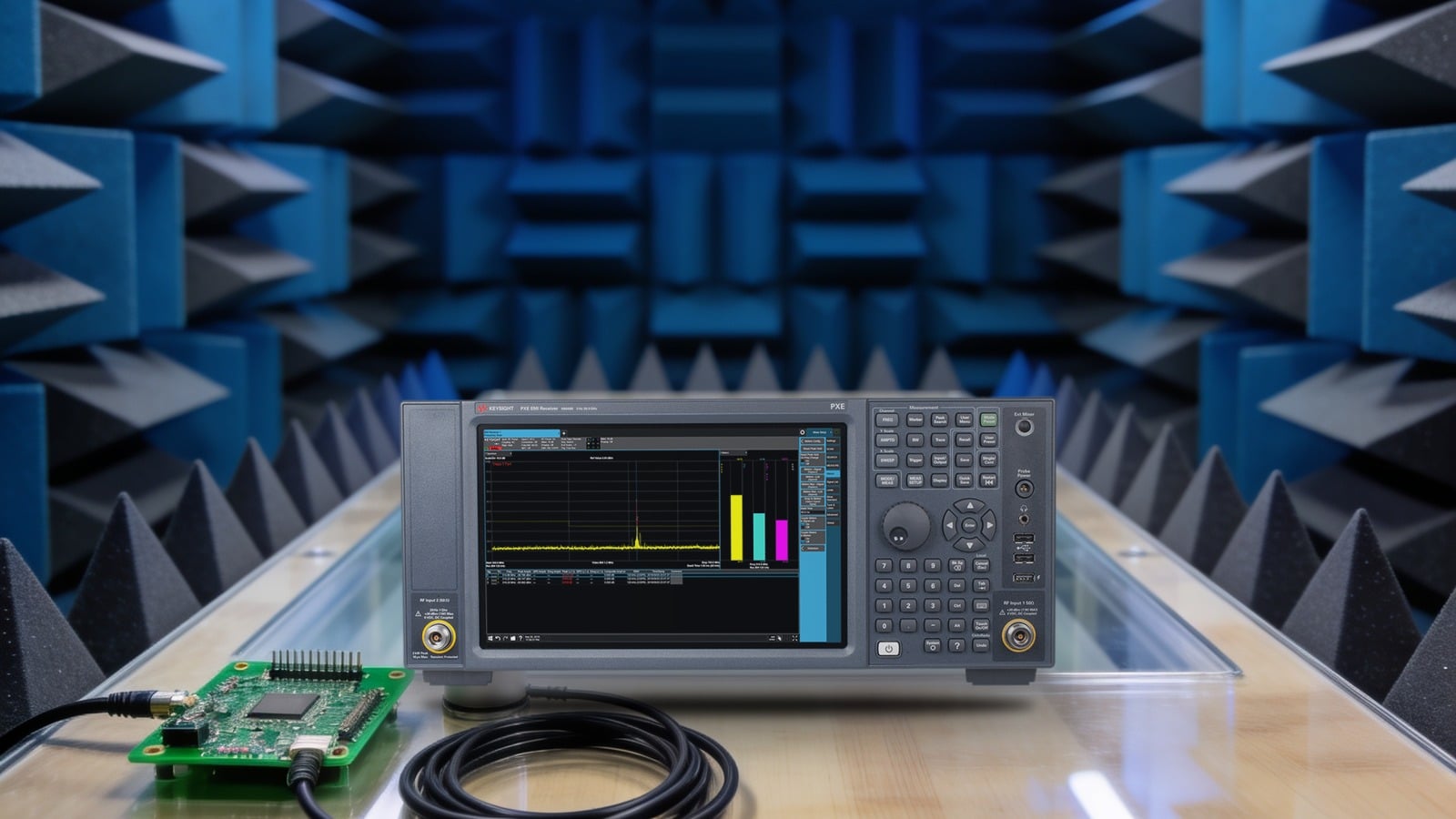 Máy thu đo EMI Keysight N9048B đặt trên bàn phi kim trong buồng đo EMC bán vô phản xạ