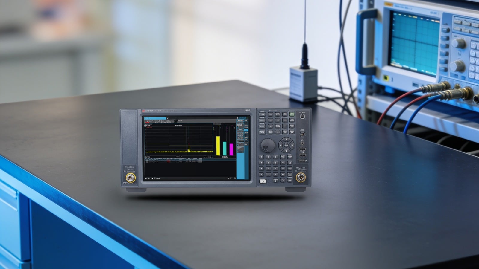 Máy thu đo EMI Keysight N9048B trên bàn thử nghiệm RF trong phòng lab viễn thông